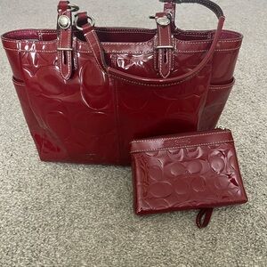 Coach Red Patent Leather Shoulder Bag with matching wristlet